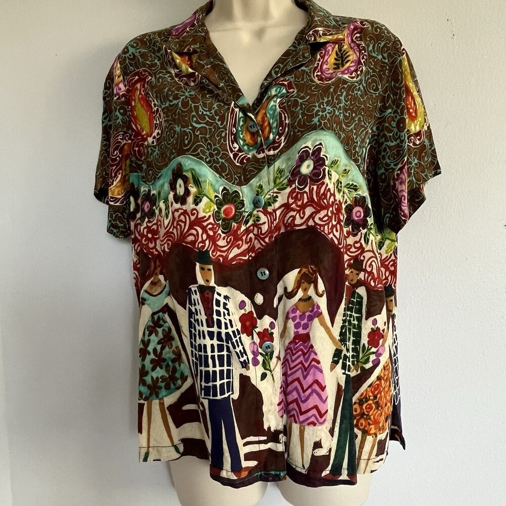 Jams World Women's Vtg Camp Shirt Sz M Jitterbug Artsy Hawaiian Resort Beach